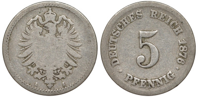Германия 5 пфеннигов 1876 A, старогербовка KM 3, J. 3 медно-никель 51-3337