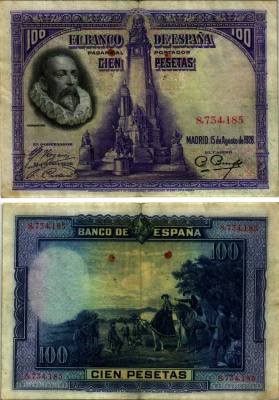 Испания 100 песет 1928 Мигель де Сервантес Сааведра, памятник Сервантесу, картина Дон Кихот Pick 76 а бумага 6312-64-1-1