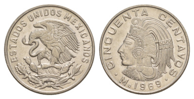Мексика 50 сентаво 1969 KM 452 медно-никель aUNC 4628-926