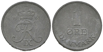 Дания 1 эре 1968 C; S, Фредерик IX (1947-1972) KM 839.2 цинк 3955-437