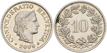 Швейцария 10 раппенов 2009 B KM 29a медно-никель 4136-352