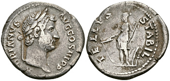 Римская Империя денарий 134 - 138 Адриан TELLVS STABIL Теллус, божество Матери-Земли Рим Very fine RIC 276 серебро 1073-4-7-5