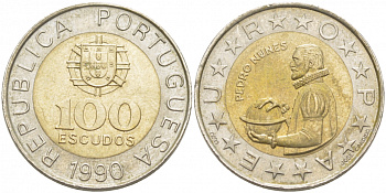 Португалия 100 эскудо 1990 Педру Нуниш (1502-1578), математик KM 645.1 биметалл 87-657