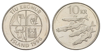 Исландия 10 крон 1996 рыбы KM 29.1a сталь плакированная никелем UNC 4635-143