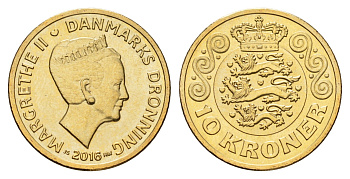 Дания 10 крон 2016 NR, Маргрете II (1972-2024) KM 954 алюминиевая бронза UNC 117-513