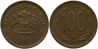 Чили 100 песо 1997 So KM 226.2, Schon 71 алюминиевая бронза 4544-1252
