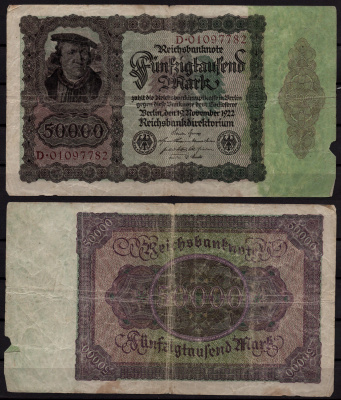 Германия 50000 марок 1922 Бюргермейстер (мэр) Браувайлер (автор: Б. Брюйн) Pick 80 бумага 7547-22-2-2