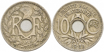 ФРАНЦИЯ 10 САНТИМОВ 1929 ТИП ЛИНДАЙЁ KM 866а медно-никель 4402-755