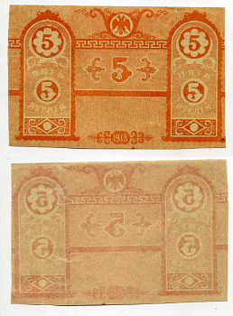 Крымское Краевое Казначейство 5 рублей 1918 Денежный знак. (выпуск Краевого правительства), односторонняя недопечатка Pick S 370, Кардаков К6.1.5 бумага 437-37-3-2