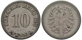 ГЕРМАНИЯ 10 ПФЕННИГОВ 1875 B, СТАРОГЕРБОВКА KM 4, Jager 4, Weege 7 медно-никель 4546-1122