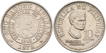 Филиппины 10 сентимо 1979 ФРАНСИСКО БАЛЬТАЗАР KM 226 медно-никель 4567-638