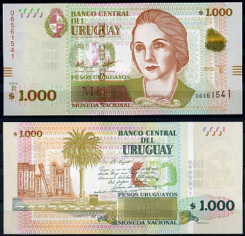 Уругвай 1000 песо 2015 Хуана де Ибарбуру, площадь Pick 98 бумага UNC (пресс) 451-474-2
