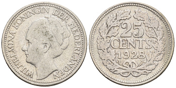 Нидерланды 25 центов 1928 Вильгельмина (1890-1948) KM 164 серебро 4609-762