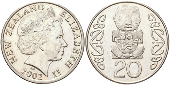 Новая Зеландия 20 центов 2002 Елизавета II (1952-2022), идол Пукаки KM 118 медно-никель UNC 4132-1046