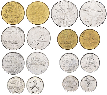 Сан-Марино годовой набор из 8 монет (1, 2, 5, 10, 20, 50, 100 и 200 лир) 1980 XXII летние Олимпийские Игры, Москва 1980 KM 102, 103, 104, 105, 106, 107, 108 и 109 UNC 4648-331-337