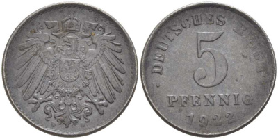 ГЕРМАНИЯ 5 ПФЕННИГОВ 1922 D KM 19, J. 297, Weege 5 железо 206-754