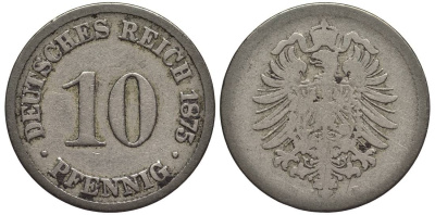 ГЕРМАНИЯ 10 ПФЕННИГОВ 1875 B, СТАРОГЕРБОВКА KM 4, Jager 4, Weege 7 медно-никель 4546-1122