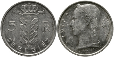 Бельгия 5 франков 1972 Belgie, Бодуэн I (1951-1993) KM 135.1 медно-никель 98-555