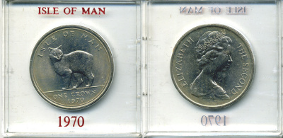 Остров Мэн 1 крона 1970 кошка Мэна, в оригинальной пластиковой коробке KM 18 медно-никель UNC 6-6-1-50