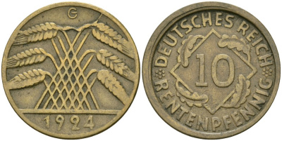 Германия 10 рентенпфеннигов 1924 J KM 33, J.309, Weege 8 алюминиевая бронза 4576-152