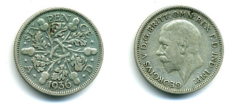 Великобритания 6 пенсов 1936 Георг V (1910-1936) KM 832, Spink 4041 серебро 89-1543