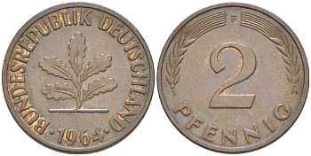 ФРГ 2 ПФЕННИГА 1964 F KM 106, J. 381 бронза 4181-739