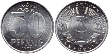 ГДР 50 пфеннигов 1971 A KM 12.2 алюминий UNC 76-1125