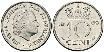 Нидерланды 10 центов 1969 Юлиана (1948-1980) KM 182 никель 96-412