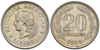 Аргентина 20 сентаво 1958 голова свободы влево KM 55, Schon 55, CJ 264 сталь плакированная никелем    60-953