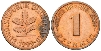 Германия 1 пфенниг 1999 D KM 105 сталь плакированная медью PROOF 4617-948