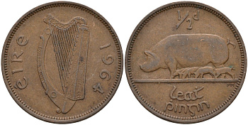 Ирландия 1/2 пенни 1964 свинья с поросятами KM 10 бронза 4146-545