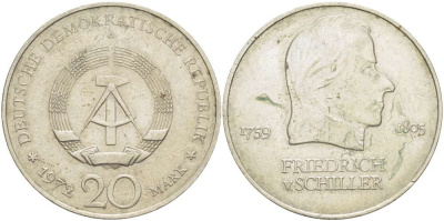 ГДР 20 марок 1972 А, Фридрих Шиллер (1759-1805) KM 40 медно-никель 4521-636