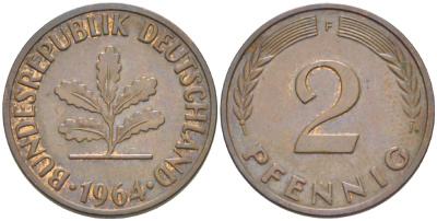 ФРГ 2 ПФЕННИГА 1964 F KM 106, J. 381 бронза 4181-739