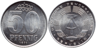 ГДР 50 пфеннигов 1971 A KM 12.2 алюминий UNC 76-1125