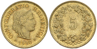 Швейцария 5 раппенов 1990 KM 26c алюминиевая бронза 4608-464