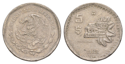 Мексика 5 песо 1982 Мо, бог Кетцалькоатцаль (пернатый змей) KM 485 медно-никель 4654-717
