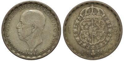 Швеция 1 крона 1950 TS, Густав VI Адольф (1950-1973) KM 814 серебро 4178-547