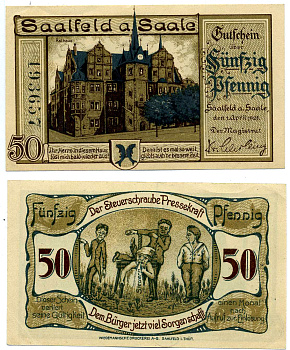 Заальфельд 50 пфеннигов 1921 1 АПРЕЛЯ 1921, нотгельд, земля Тюрингия Grabowski 1155.2а бумага 2193-12-2-2