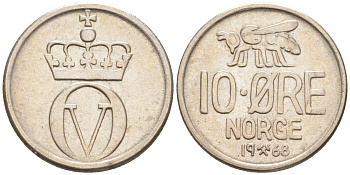 Норвегия 10 эре 1968 пчела, Улаф V (1958-1991) KM 411 медно-никель 63-332