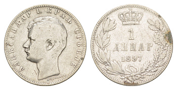 Сербия 1 динар 1897 Александр I (1889-1903) KM 21 серебро 4606-126