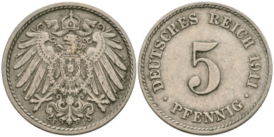 Германия 5 пфеннигов 1911 F KM 11, Jager 12, Weege 6 медно-никель 4608-945