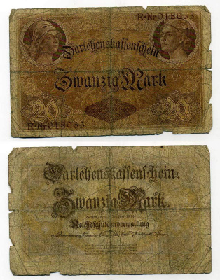 ГЕРМАНИЯ 20 МАРОК 1914 6 значный номер Pick 48 a бумага 6293-56-3