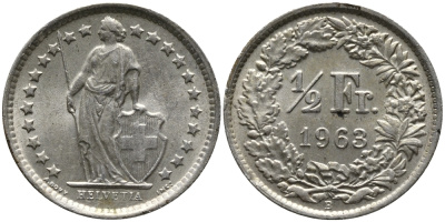Швейцария 1/2 франка 1963 B KM 23 серебро 96-1131