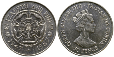ТРИСТАН-ДА-КУНЬЯ 50 ПЕНСОВ 1987 40 ЛЕТ СВАДЬБЫ ЕЛИЗАВЕТЫ II И ФИЛИППА KM 7b медно-никель UNC 4044-841