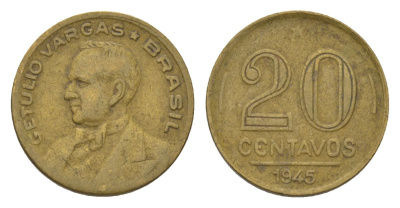 Бразилия 20 сентаво 1945 Жетулиу Варгас KM 556a алюминиевая бронза 4625-938