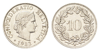 Швейцария 10 раппенов 1933 B KM 27b никель 4708-148