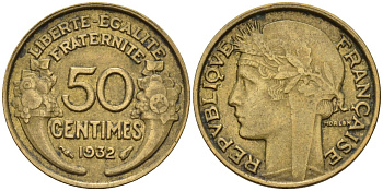 Франция 50 сантимов 1932 KM 894.1, Le Franc 192.15 алюминиевая бронза 4596-745