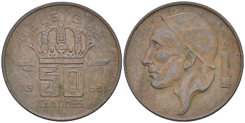 БЕЛЬГИЯ 50 САНТИМОВ 1953 BELGIQUE KM 144 бронза 187-868