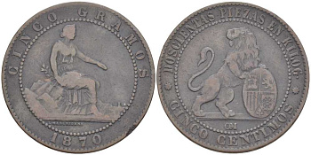 Испания 5 сентимо 1870 ОМ, лев со щитом KM 662 (Y53) медь 111-934