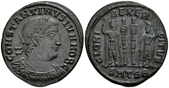 Римская Империя нуммий 334 - 335 Константин II в ранге цезаря GLORIA EXERCITVS Фессалоника Good Very fine (R1) RIC 199 бронза 1073-3-5-2